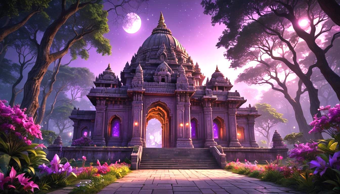 Indian Architecture in Forest with Purple Lights