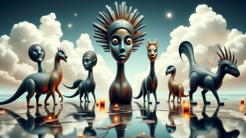 Whimsical Dinosaurs Adorned with African Masks in Surreal Dr...