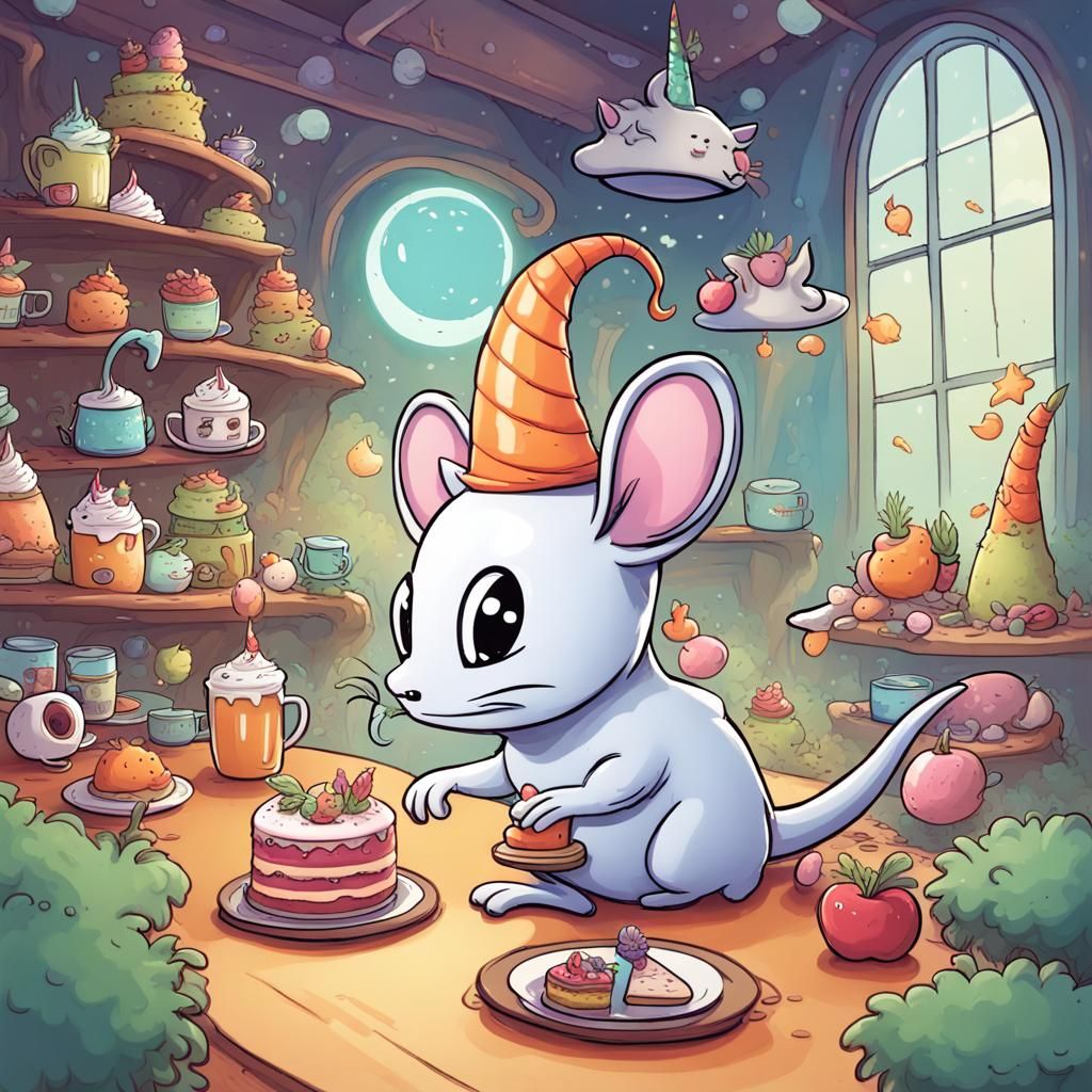 Alien Mouse Celebrates in Cat Cafe: Hyperrealistic Art