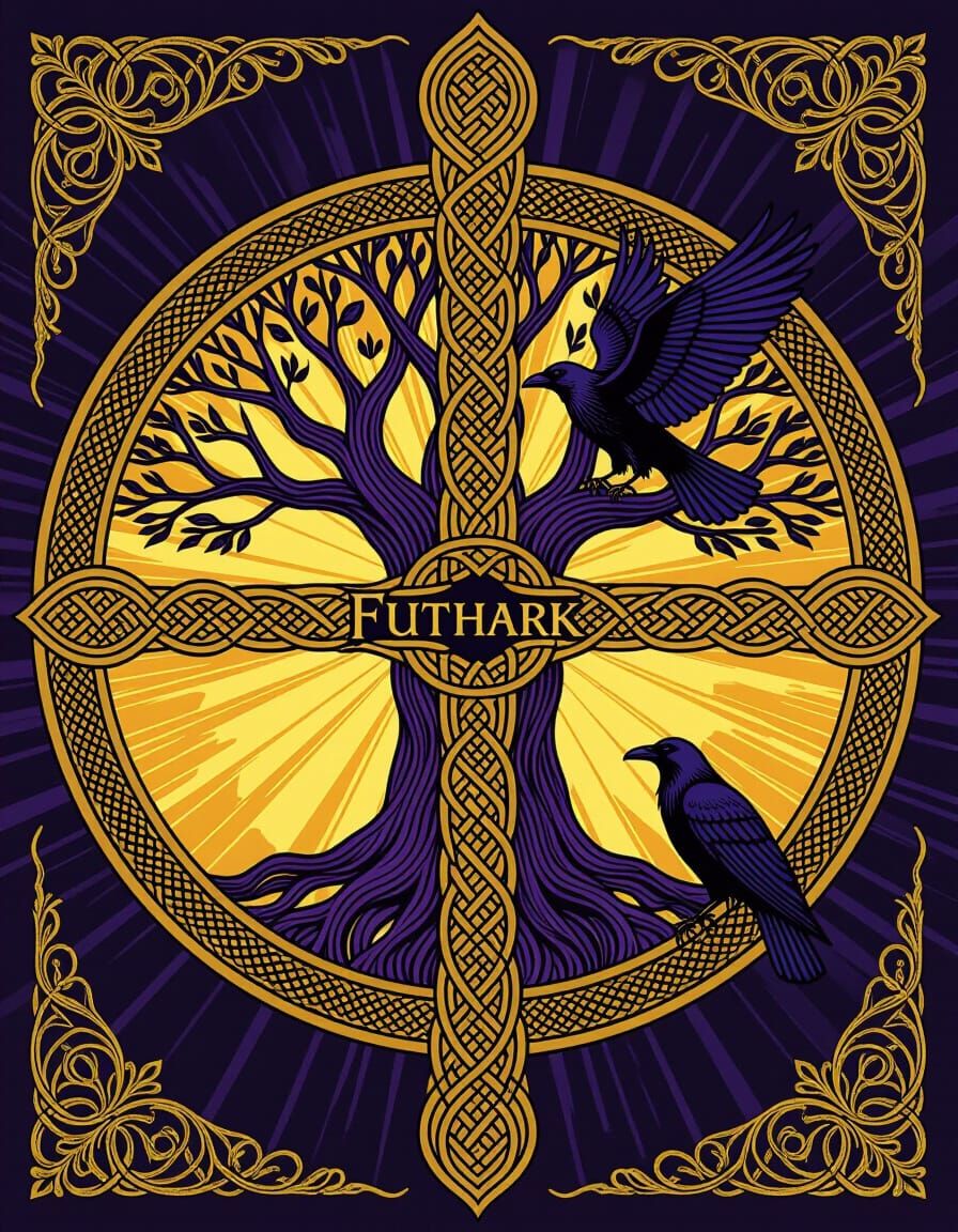 Yggdrasill and Runewheel with Ravens in Dark Fantasy Style