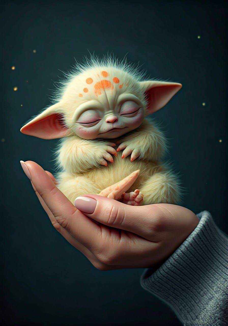 Cute Furry Alien Creature Asleep in Hand
