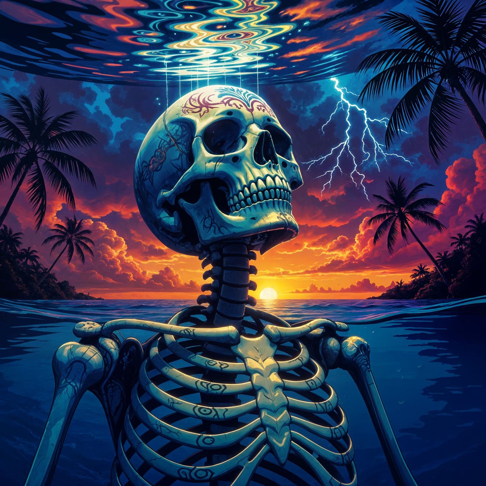 Enchanted Underwater Skeleton in Stormy Sunset