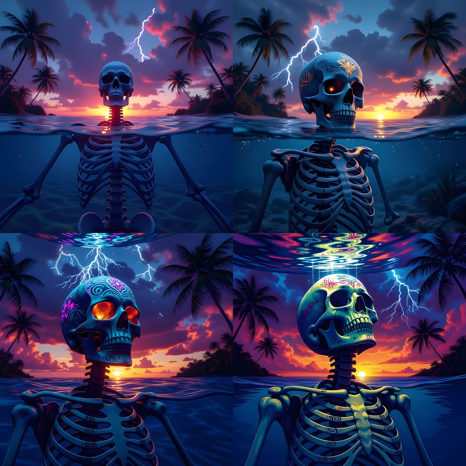 Enchanted Underwater Skeleton with Glowing Tribal Engravings