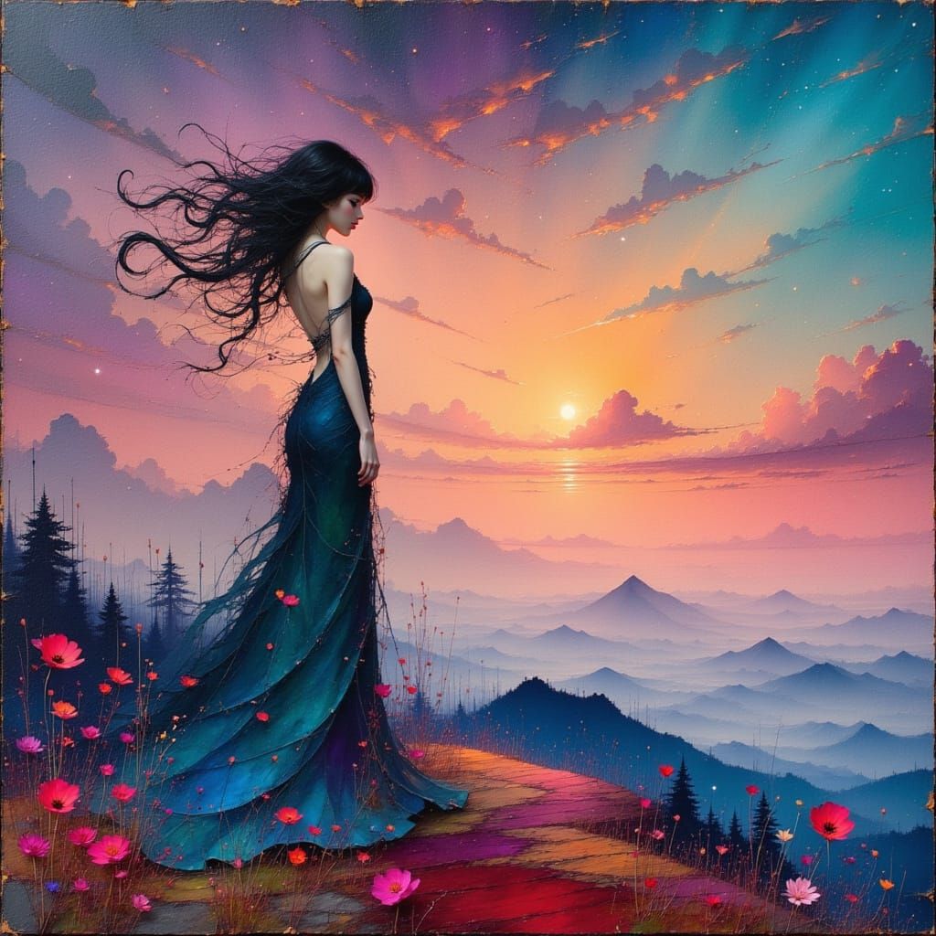 Ethereal Woman Amidst Dreamy Twilight Landscape