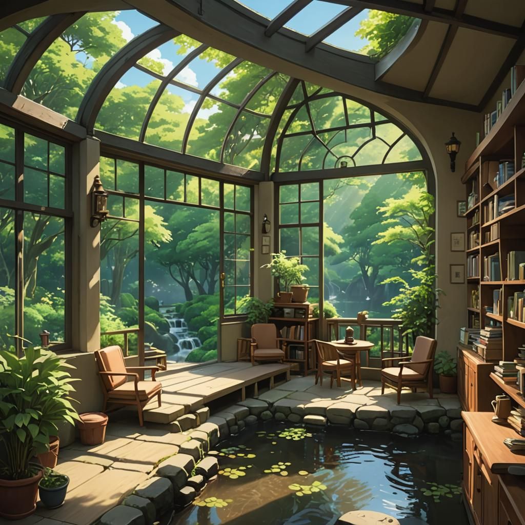 Serene Conservatory in Ghibli Anime Style