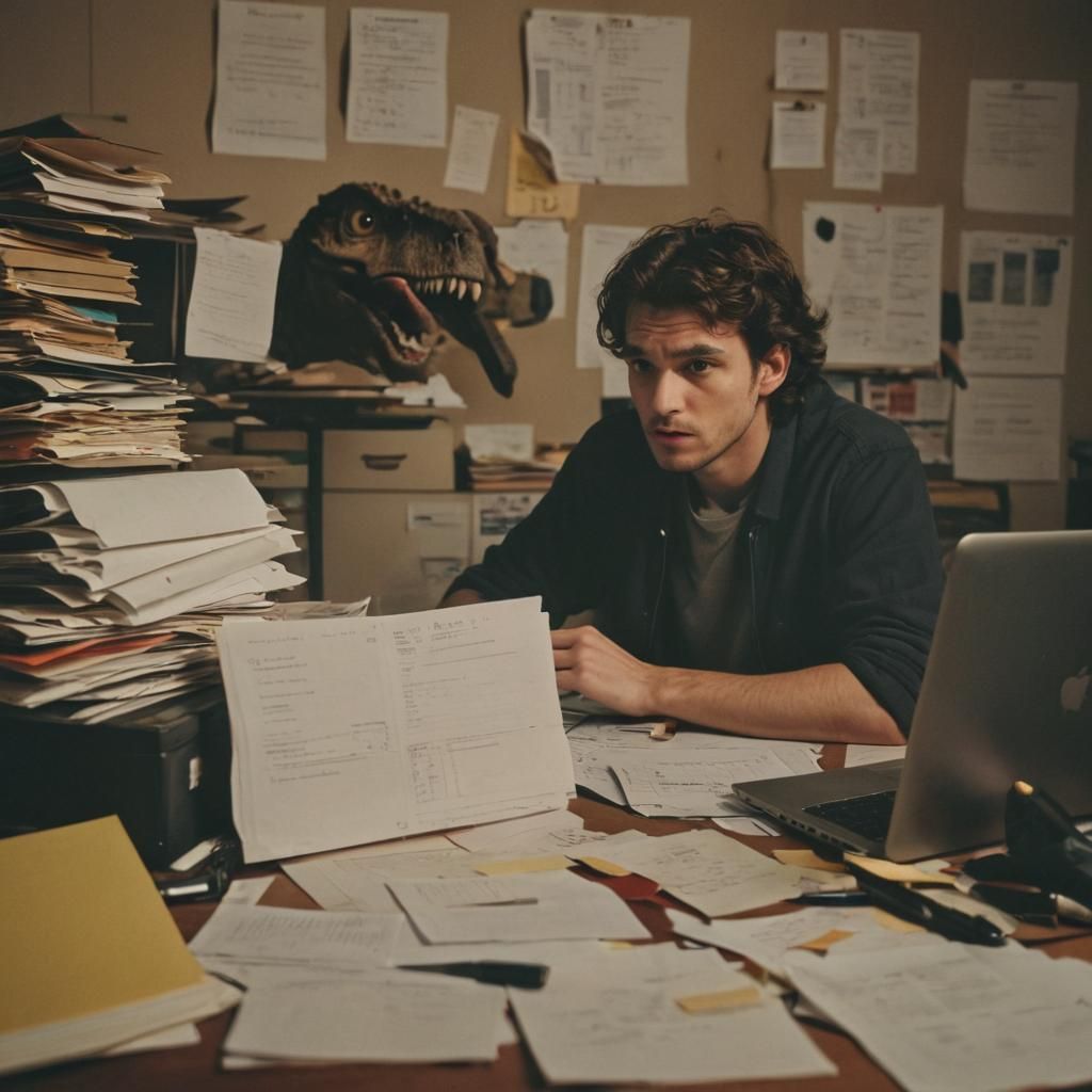 Overwhelmed Person at Cluttered Desk: Cinematic Still