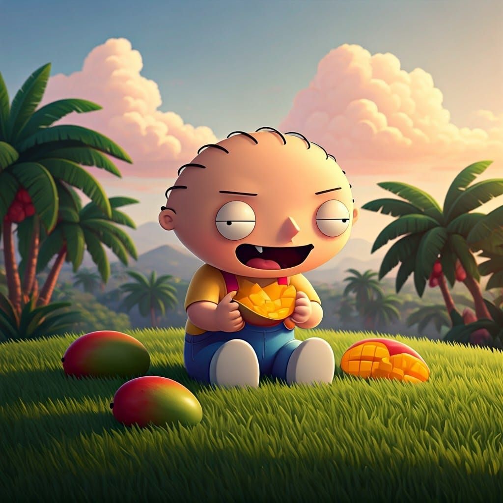 Surreal Anime-Style Sunset Scene of Stewie Eating Mangos