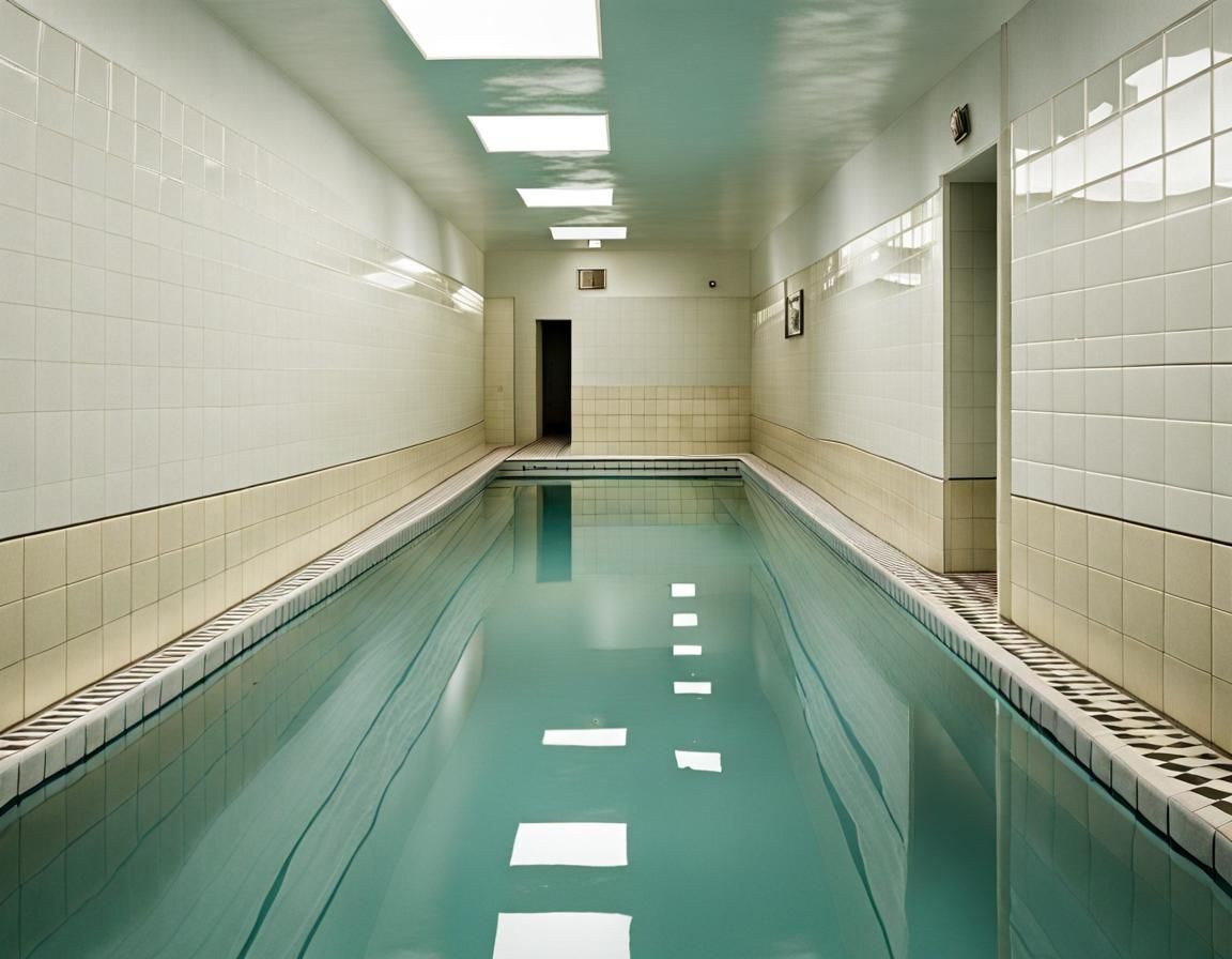 Eerie Flooded Pool Hallway with White Tiles
