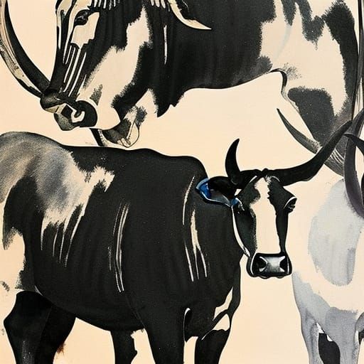 Ink Wash Cattle in an Atmospheric Style