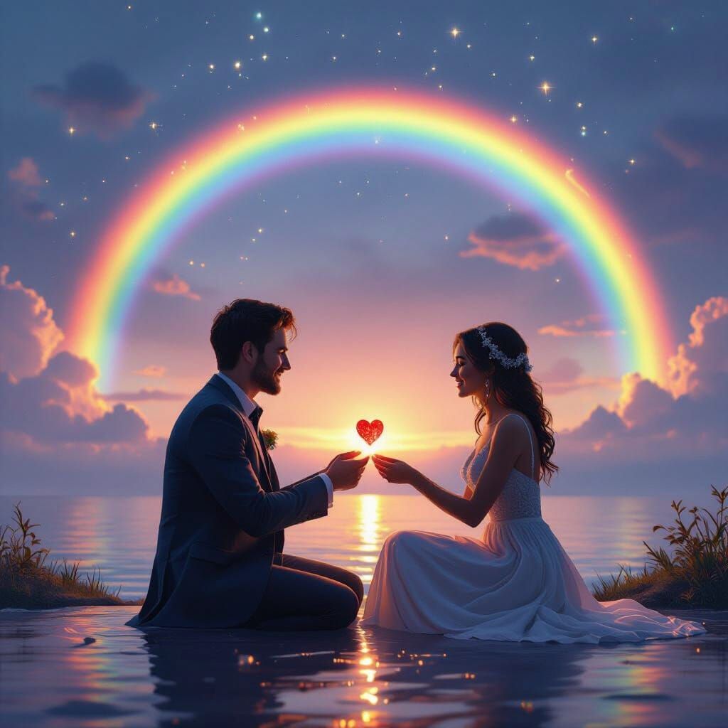 Heartfelt Proposal Under Vibrant Rainbow in HDR