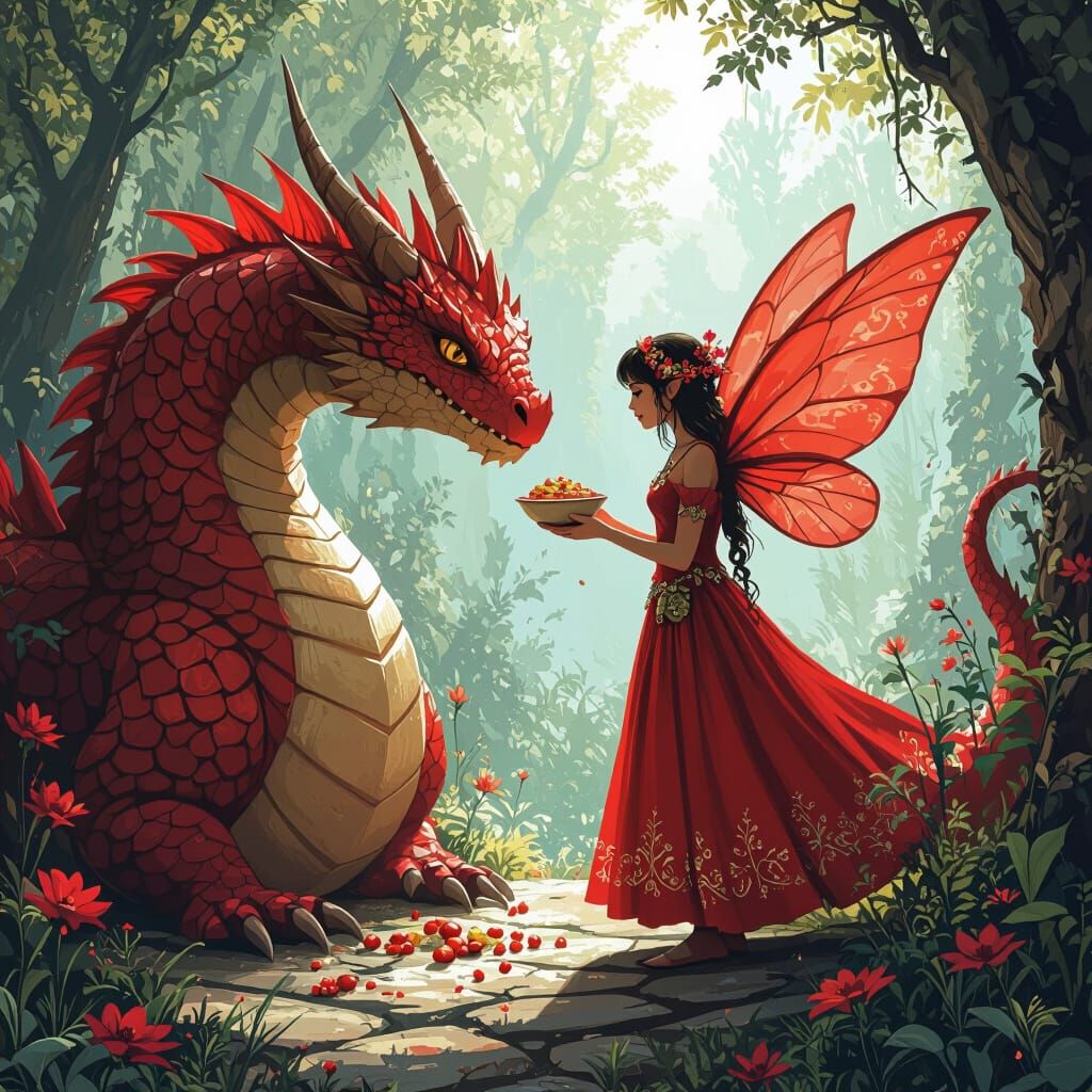 Red Fairy Feeding Dragon, Digital Artwork