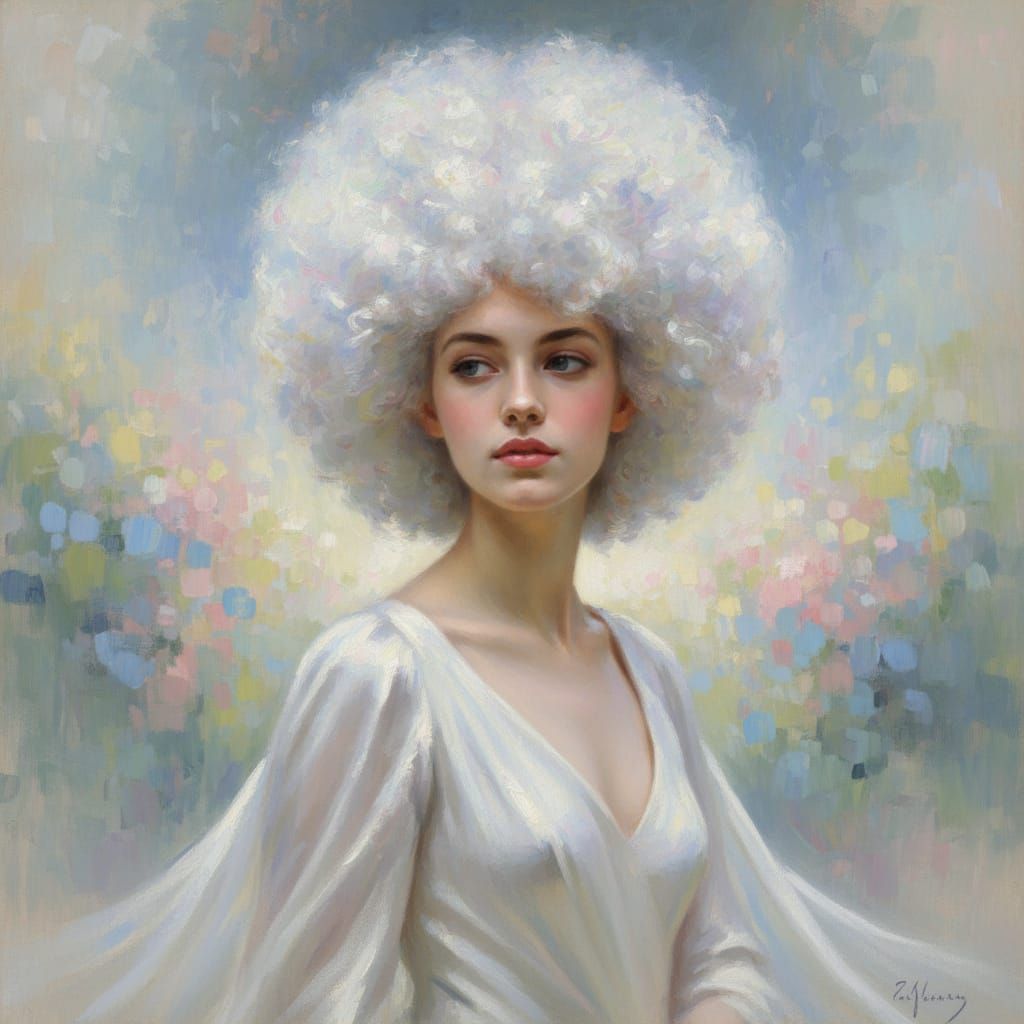 Ethereal Portrait of Woman with White Afro, Impressionistic ...