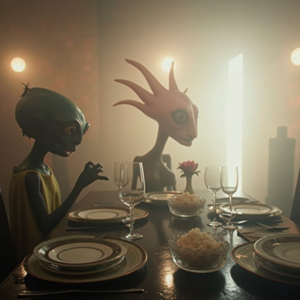 Surreal Restaurant Scene with Exotic Aliens