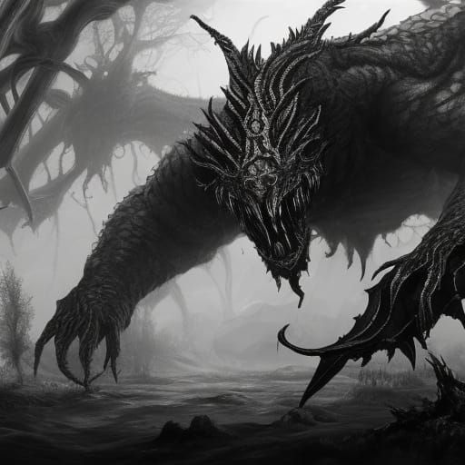 Detailed Black and White Monster Concept Art
