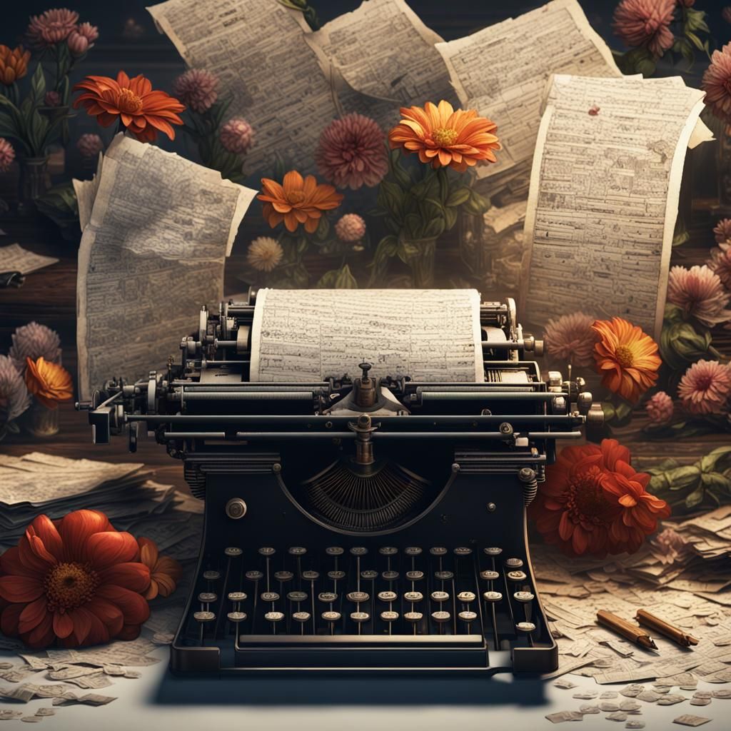 Ornate Typewriter with Flowers: Digital Art