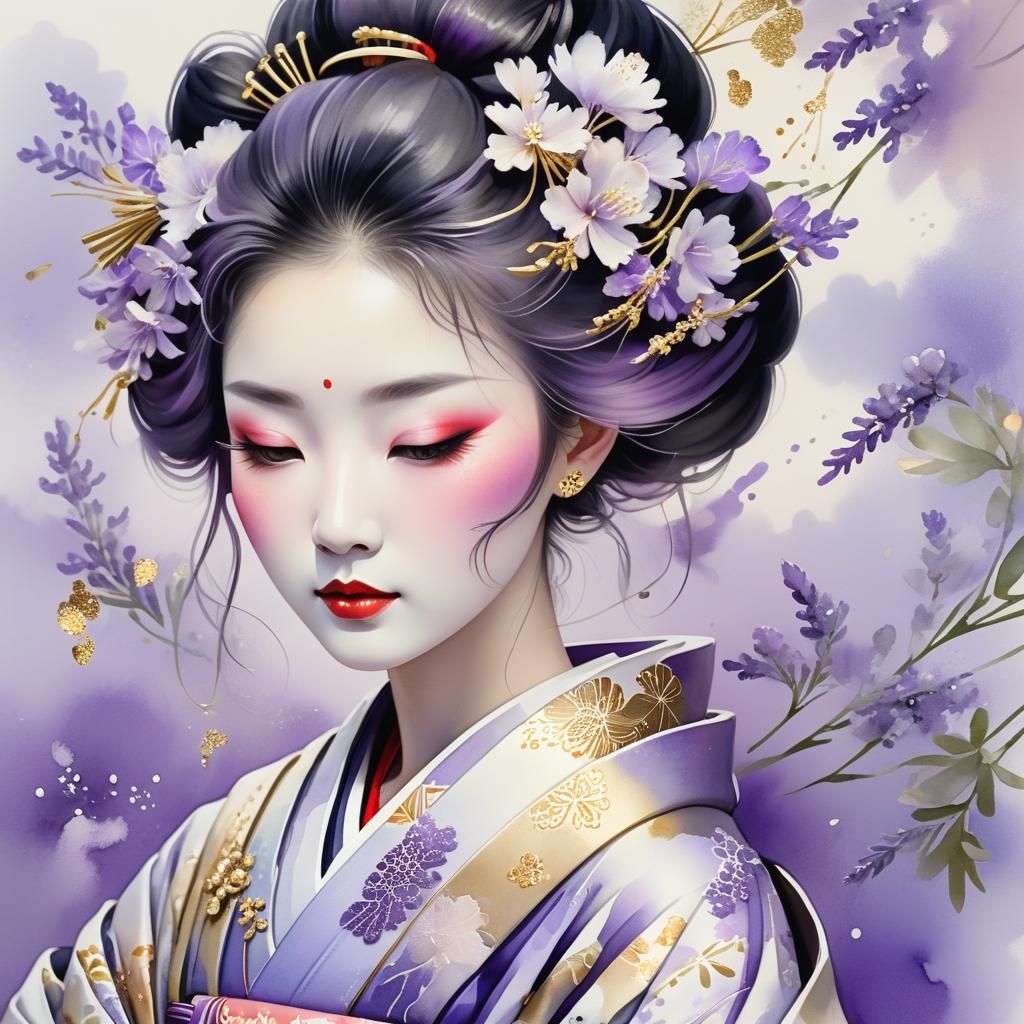 Geisha with Lavender Hair in Watercolour Style