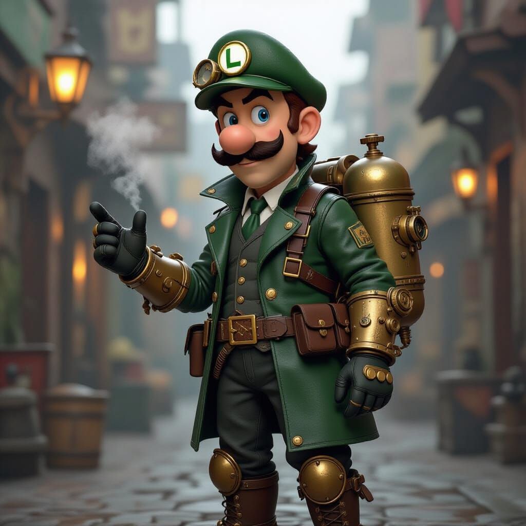 Steampunk Luigi: Lanky Mechanic with Brass Gear