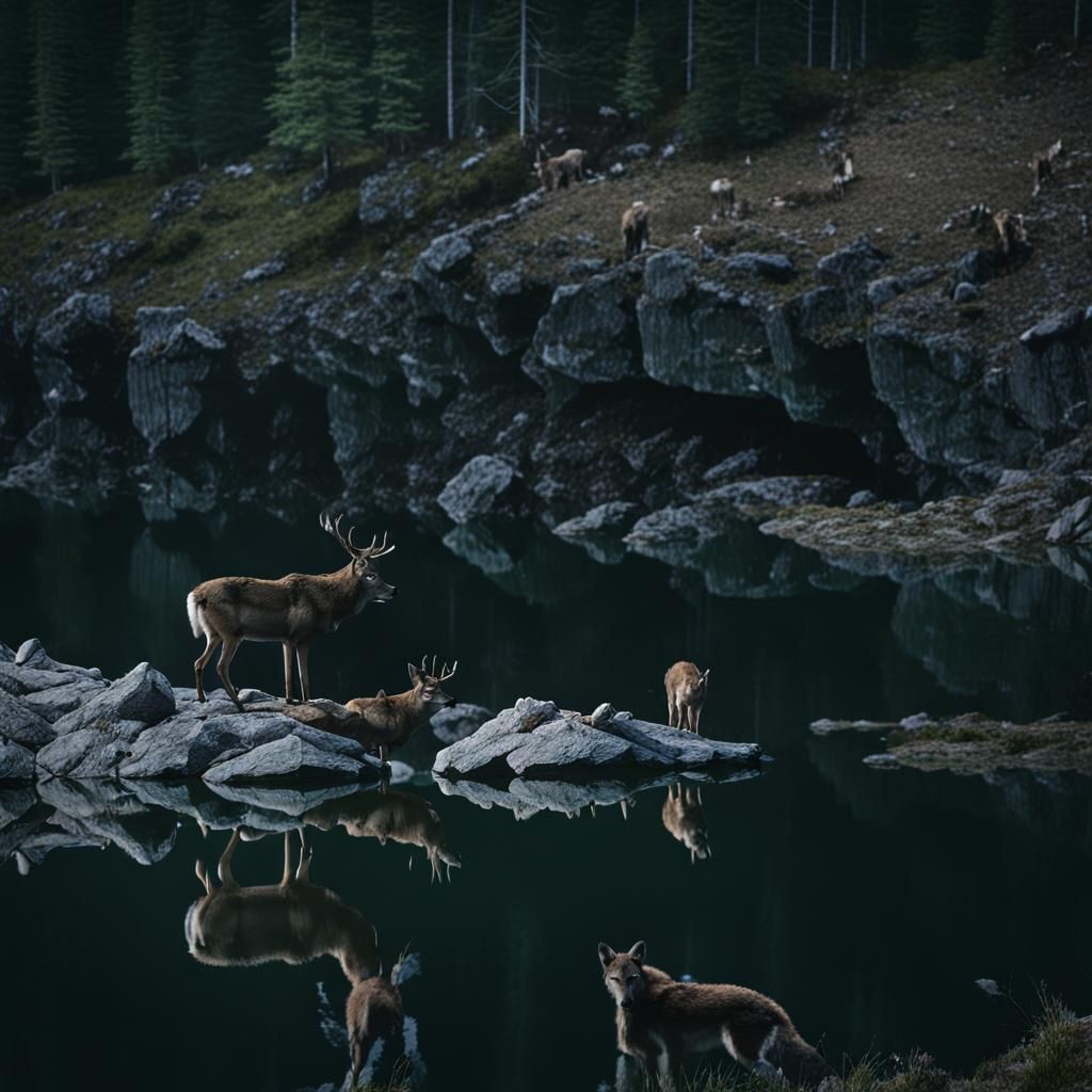 Deer at Lake, Wolves on Cliff Edge
