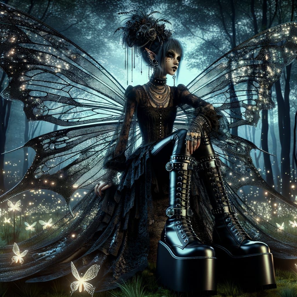 Gothic Fairy in Black Boots in a Haunted Forest