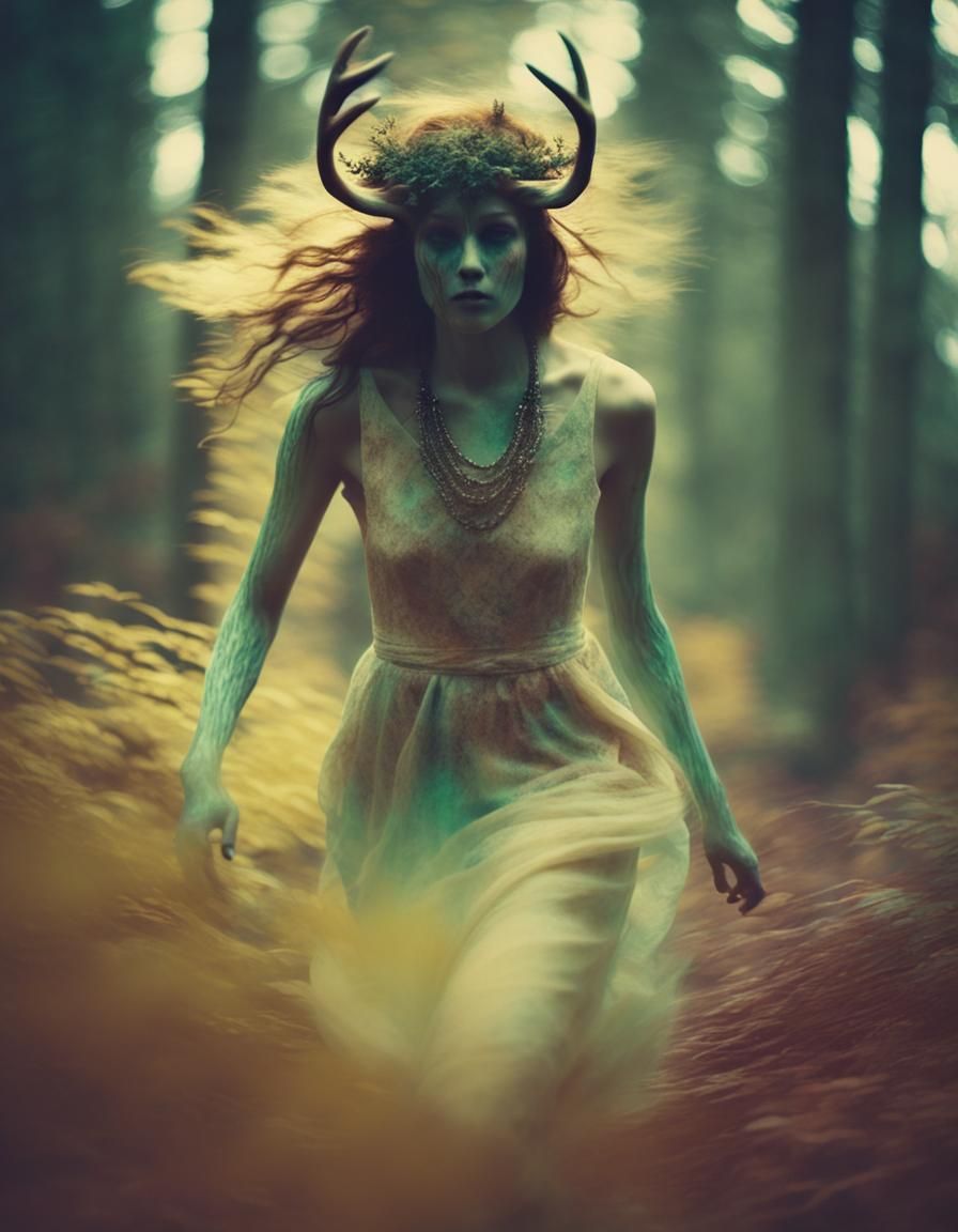 Tribal Priestess with Antlers in Boccioni Style