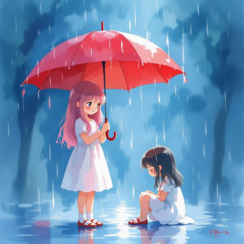 Dreamlike Kids Under Red Umbrella in Watercolor Style
