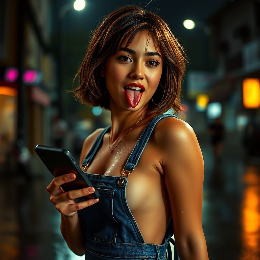 Trendy Colombian Woman Captivates on Rainy Night