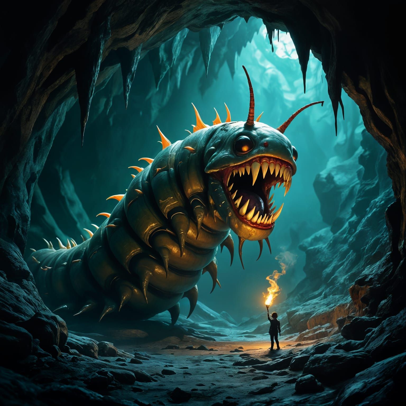 Terrifying Giant Caterpillar in Gloomy Cave, Dark Fantasy Ho...