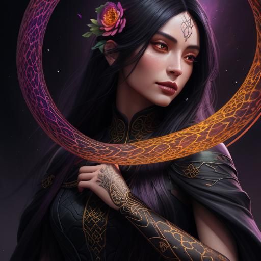 Woman with Floral Snake: Hyper-Realistic Fantasy Art