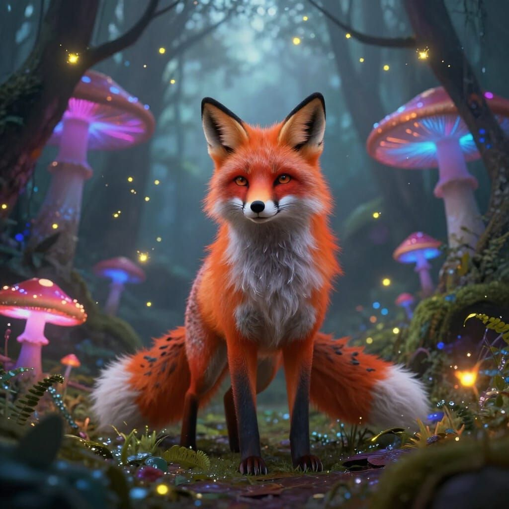 Giant Luminous Fox in Enchanted Forest with Neon Mushrooms