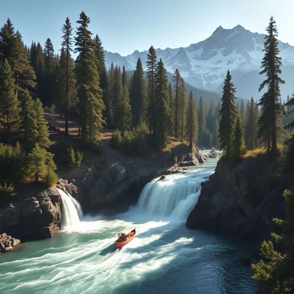 Boat Sails Over Cascading Waterfall in Wilderness Landscape