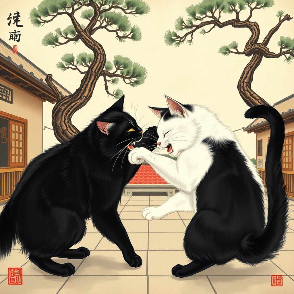 Cats Clash in Kano School Japanese Courtyard