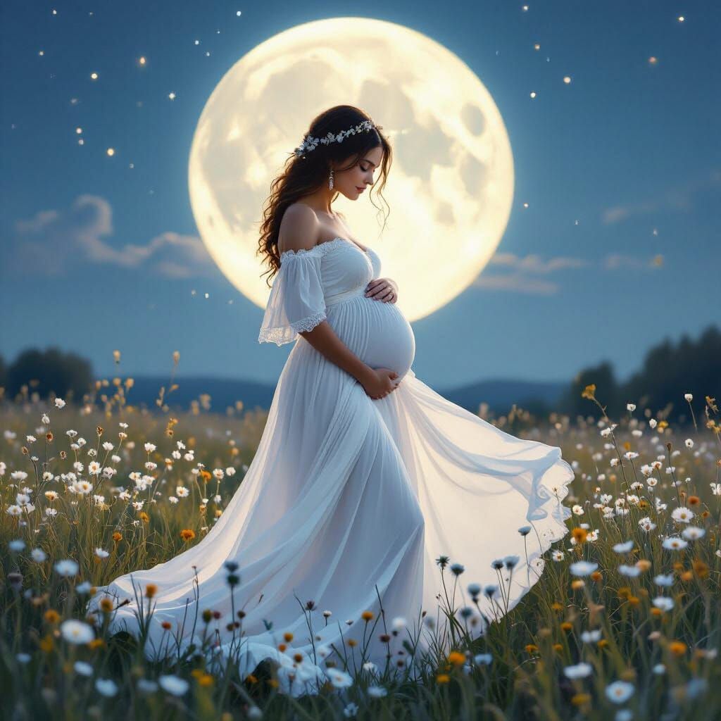 Ethereal Pregnant Woman Under Moonlight