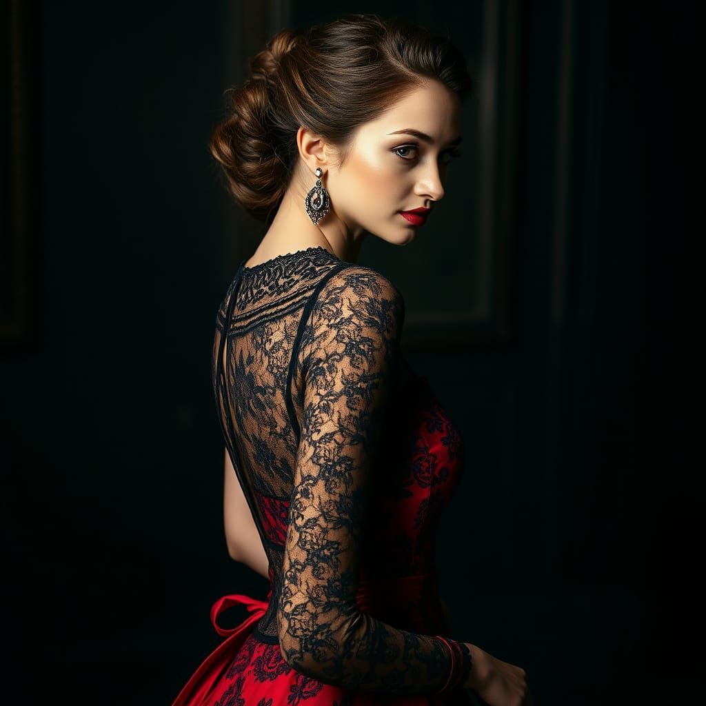 Sophisticated Woman in Red and Black Lace Dress