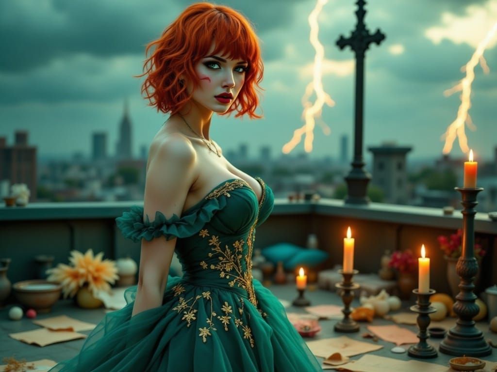 Majestic Red-Haired Woman in Gothic Storm