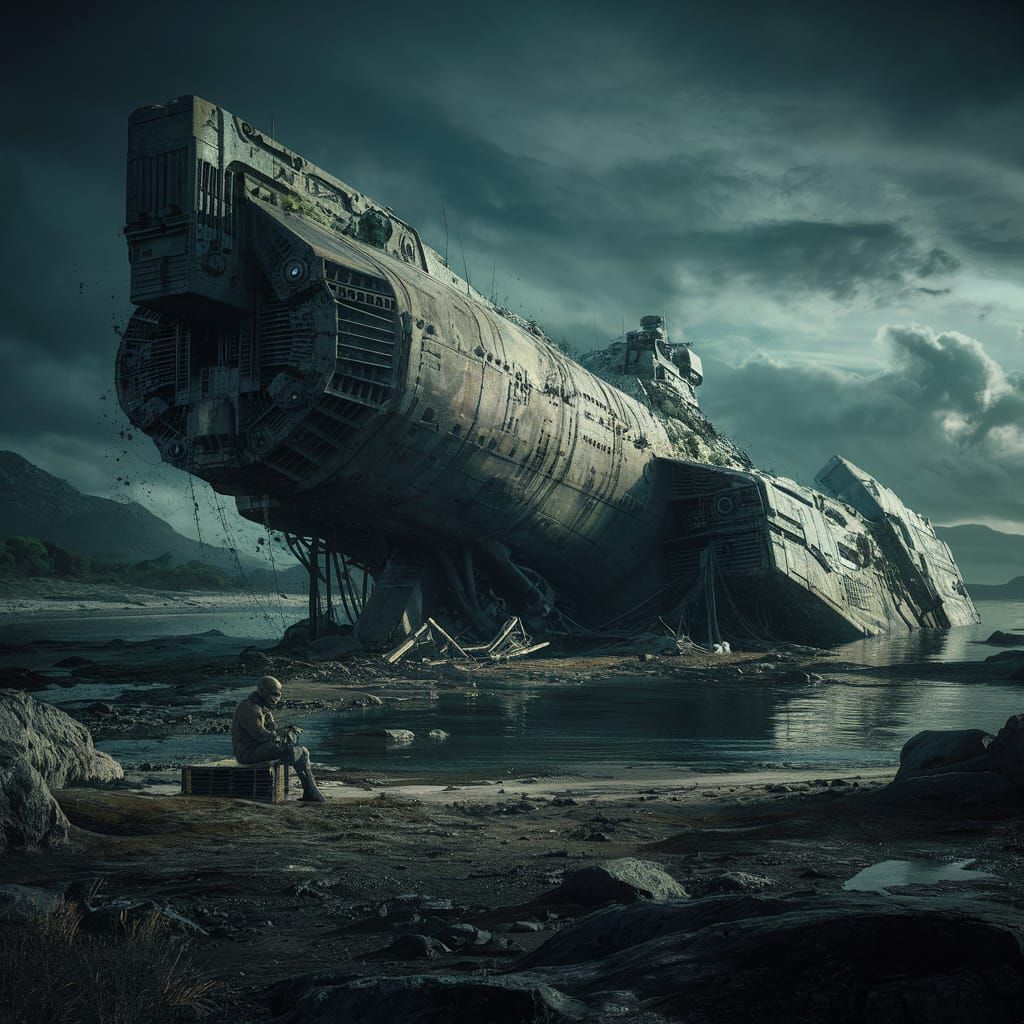 Post-Apocalyptic Spaceship Wreck on Rocky Coast