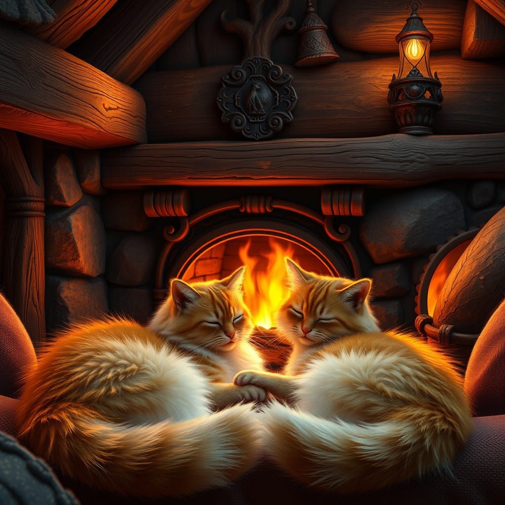 Cozy Cabin Scene with Two Fluffy Orange Cats