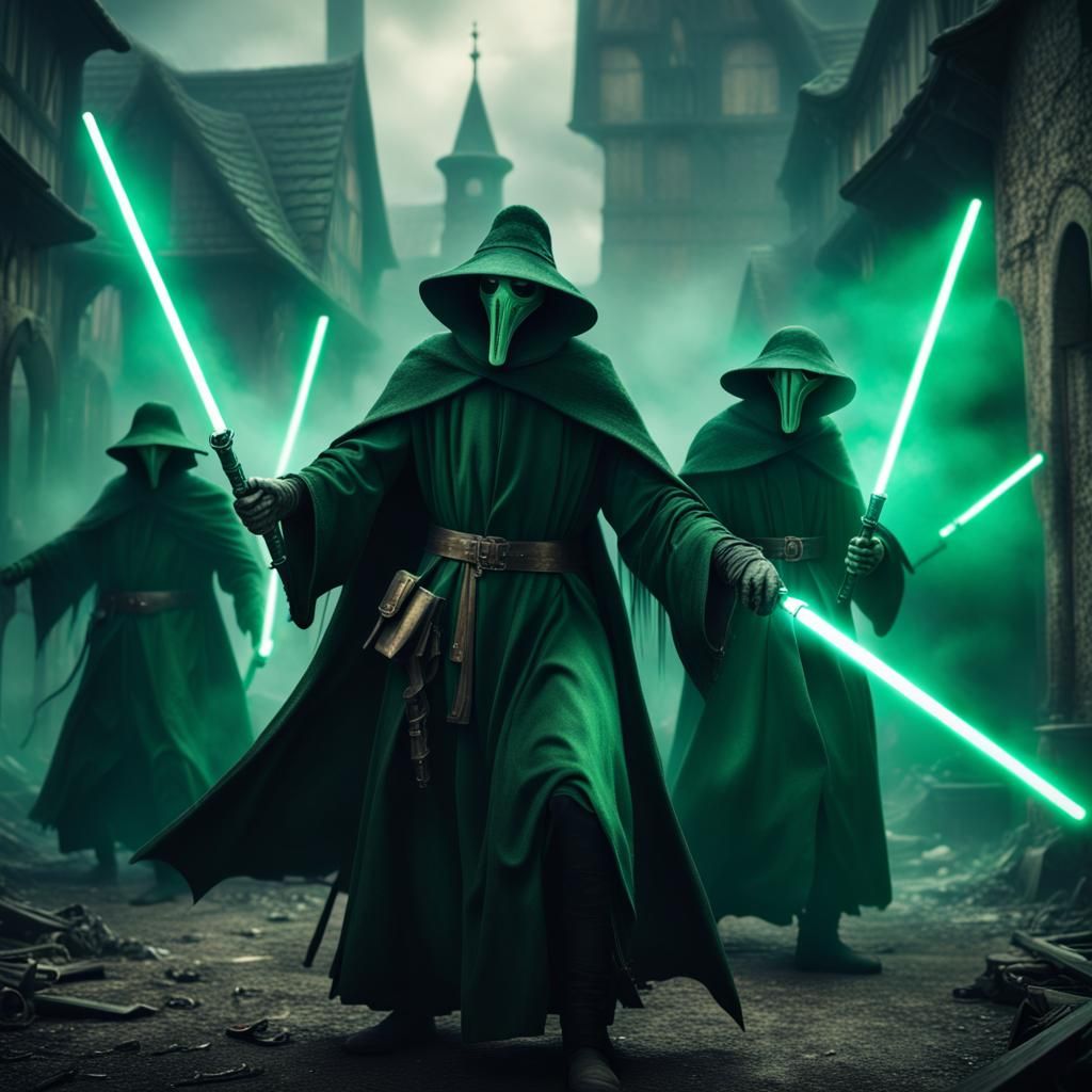Plague Doctors Battle Abominations with Lightsabers