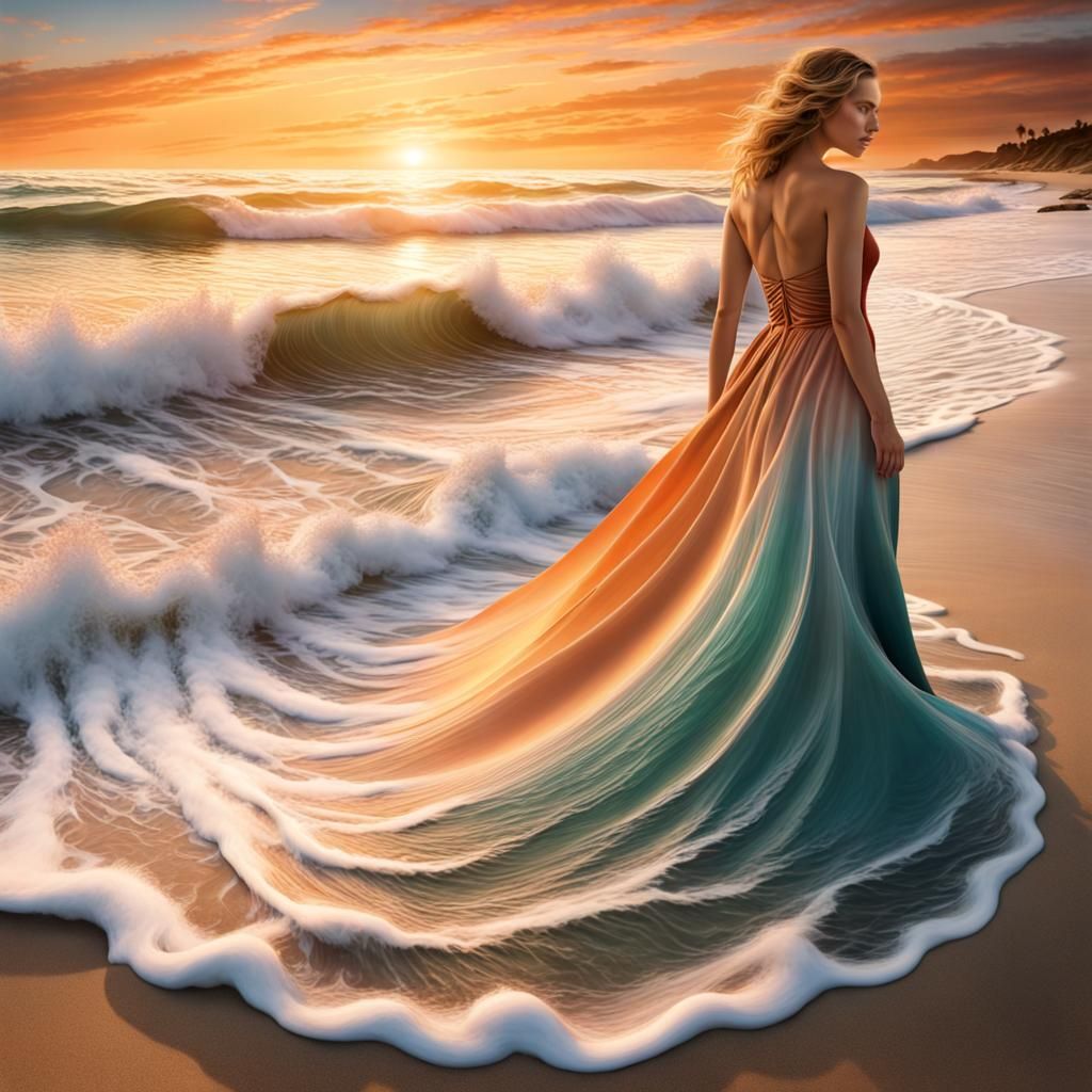 Sunset Beach Panorama with Woman in Swirling Dress
