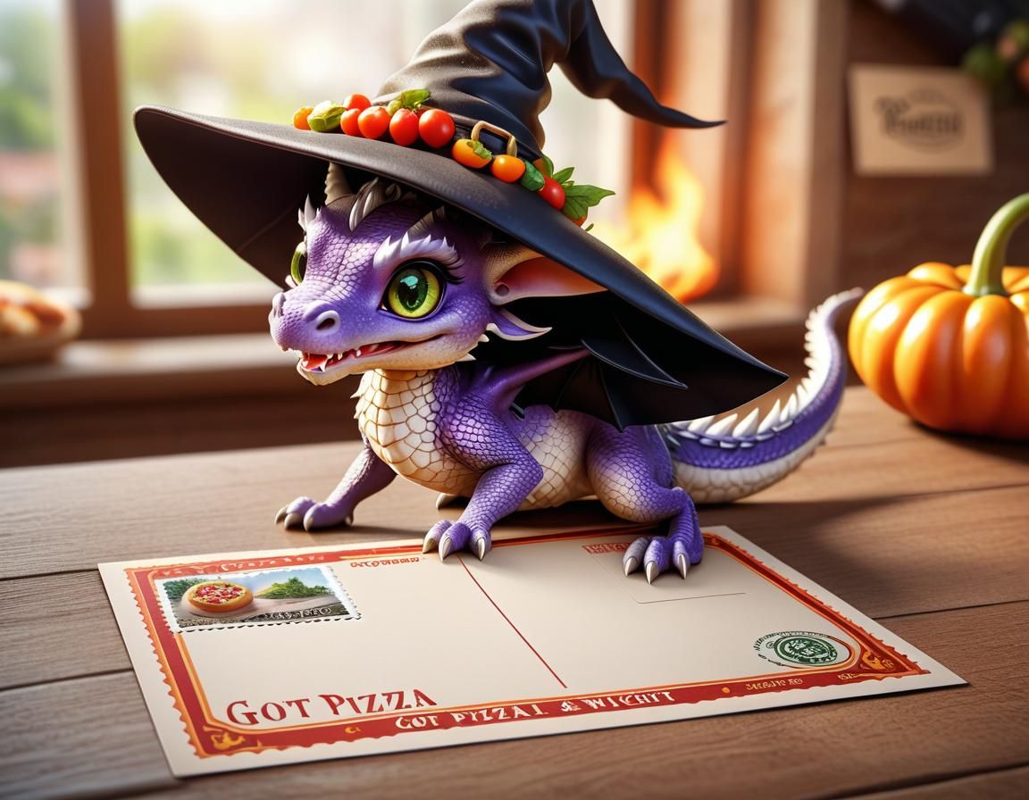 Anime Witch Dragon Postcard: Got Pizza