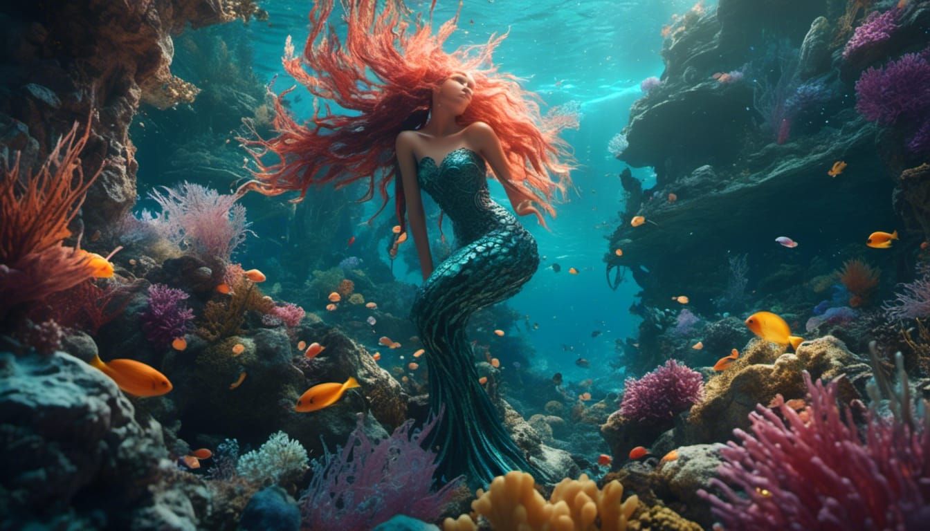 Photorealistic Mermaid in Coral Reef: Detailed Digital Art