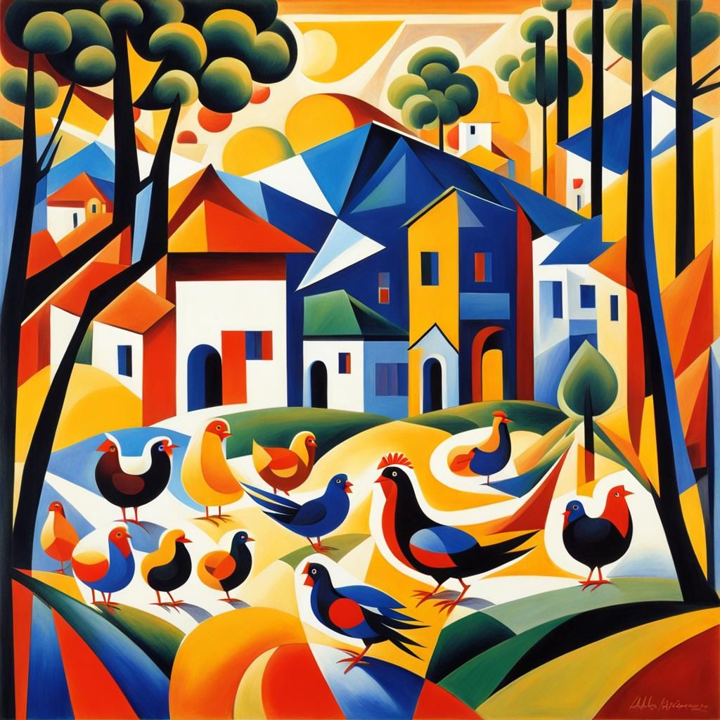 Hen and Chicks in Abstract Cubist Village