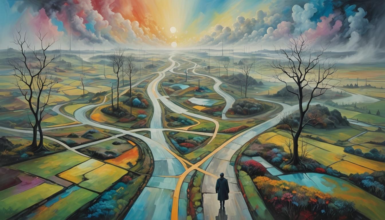 Crossroads of Choice: A Surreal Landscape Painting