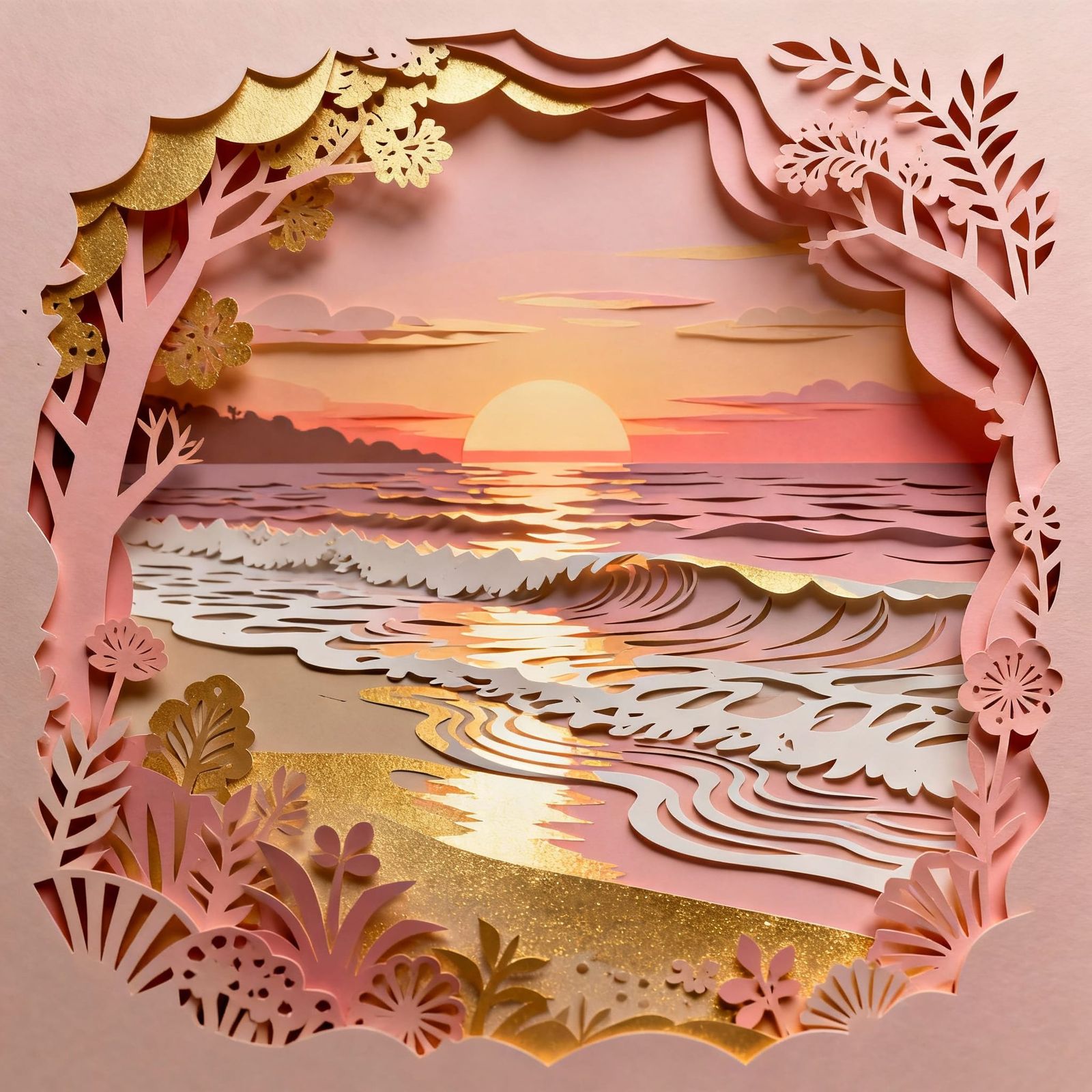 Whimsical Paper Cut Beach Sunrise with Gentle Waves