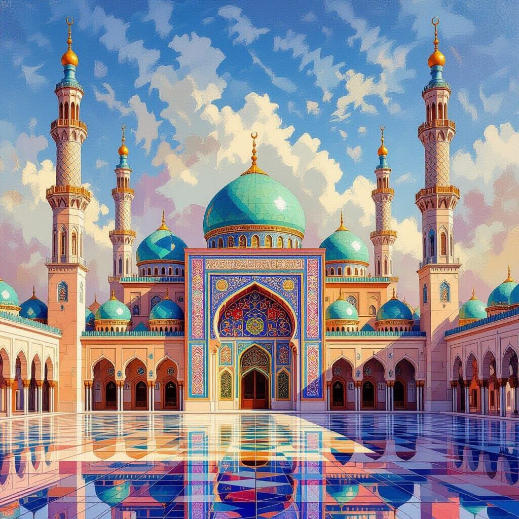 Majestic Mosque with Arabic Calligraphy in Vibrant Colors