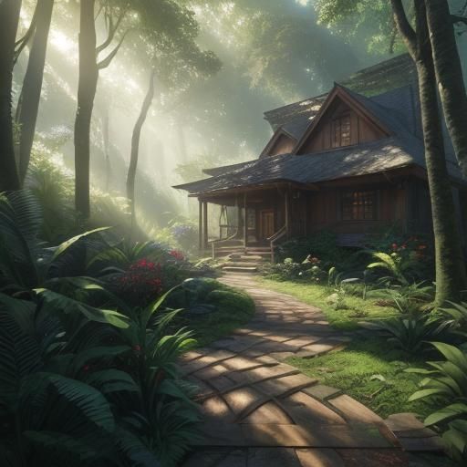 Tropical Cottage in Forest: Digital Matte Painting