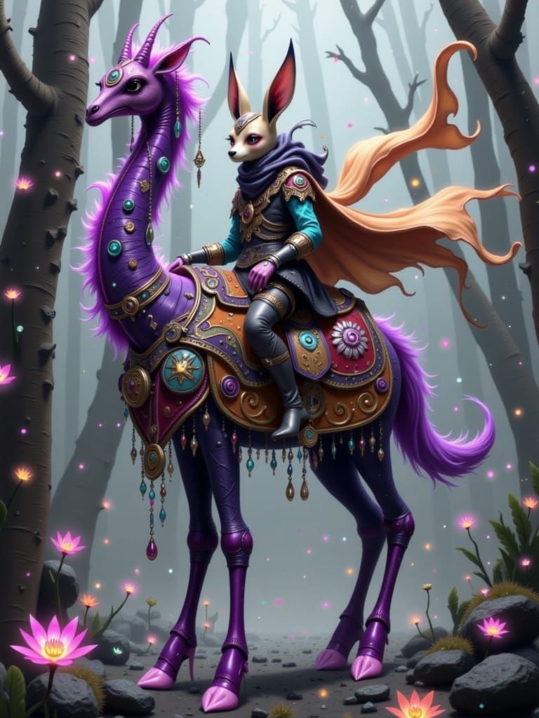 Fox Merchant on Two-Headed Giraffe in Fantasy World