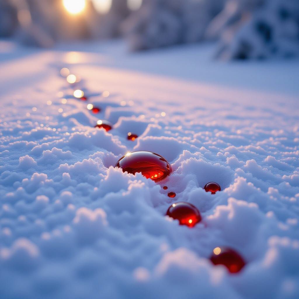 Blood Droplets on Snow in Digital Art Style