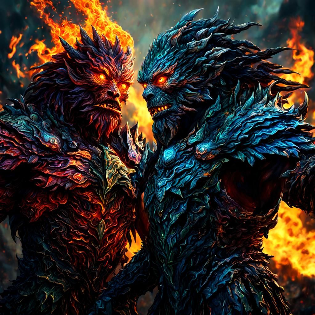Vibrant Fire Elementals in Digital Matte Painting Style