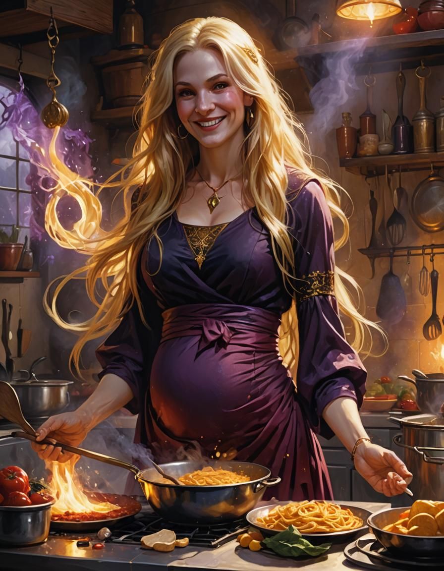 Enchanting Pregnant Witch in Vibrant Kitchen