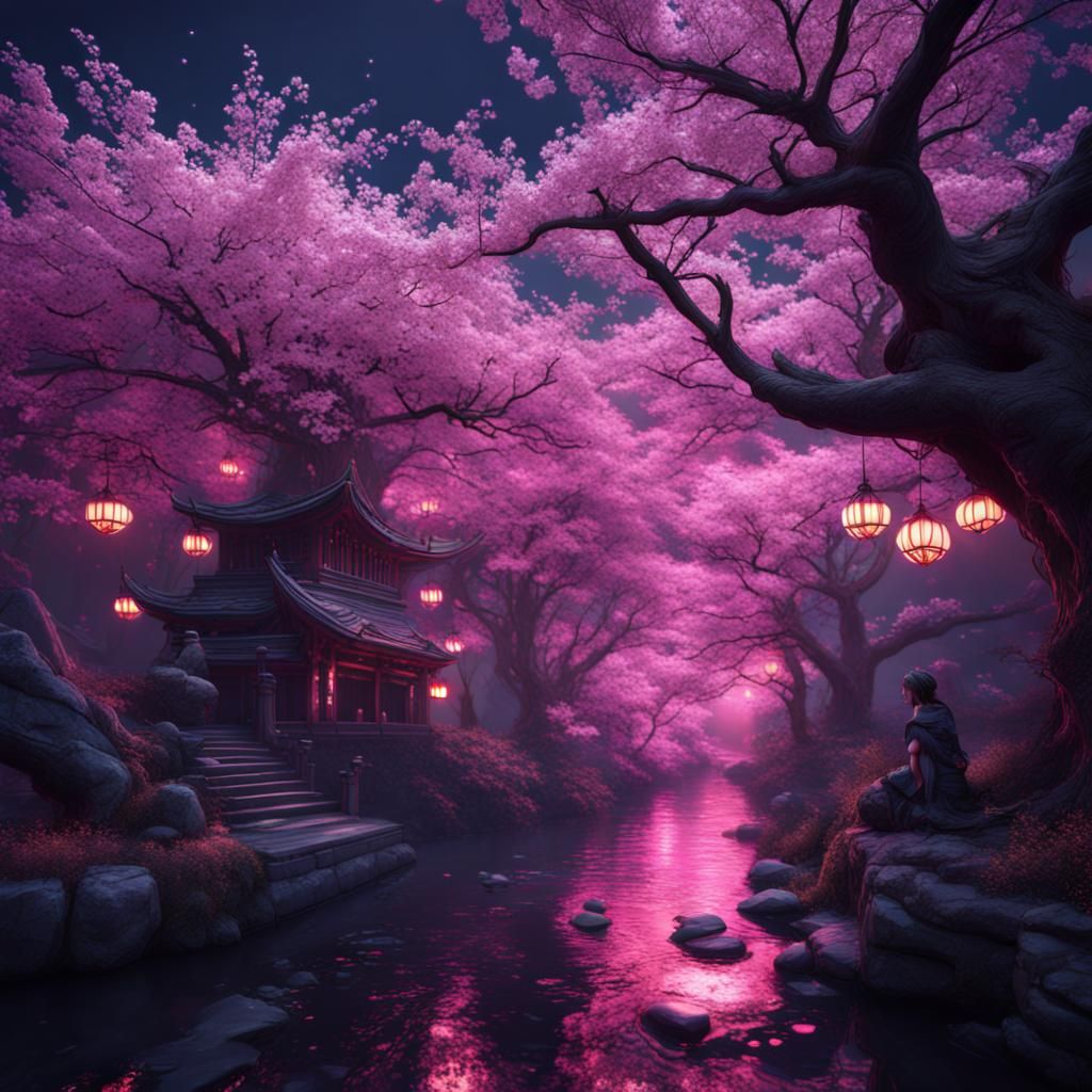 Cherry Blossom Trees in Black Light Art Style